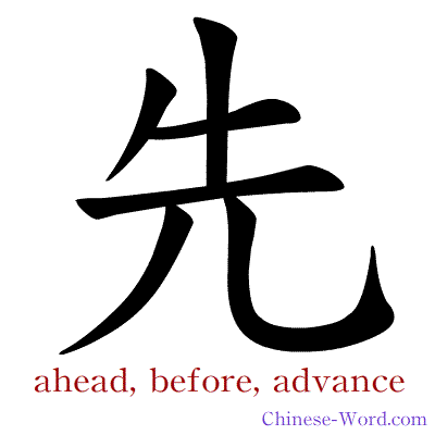 Chinese symbol calligraphy strokes animation for ahead, before, in advance