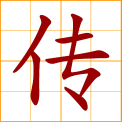 simplified Chinese symbol: pass, spread, preach, teach, impart, biography